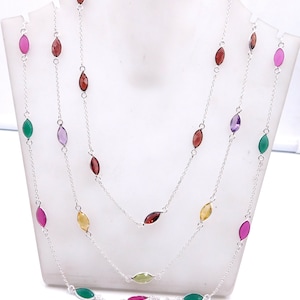 925 Sterling Silver Necklace,Natural Multi Stone Necklace, Multi Faceted Gemstone Wedding Necklace Handmade Jewelry Size 29 Inch M-1302