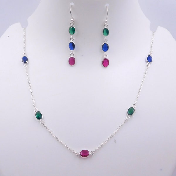 Lab Created Multi Cut Oval Gemstone Necklace,925 Sterling Silver Wedding Necklace, Ruby, Emerald & Sapphire Bezel Necklace Size-21" M-3993