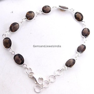 6.50 Gm Natural Smoky Quartz Bracelet, 925 Sterling Silver Wedding Bracelet, Faceted Smoky Bezel Bracelet Size 7.5" To 8.5" inch M-1864