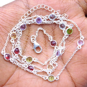 925 Sterling Silver Wedding Necklace, Natural Multi Cut Gemstone Necklace, Garnet,Blue Topaz,Citrine,peridot,Amethyst Gemstone Fine Necklace