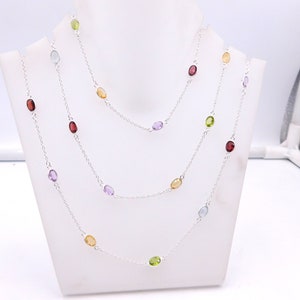8.50 Gm Natural Multi Stone Necklace, 925 Sterling Silver Wedding Necklace, Faceted Oval Multi Stone Silver Jewelry Bezel Necklace M-2203