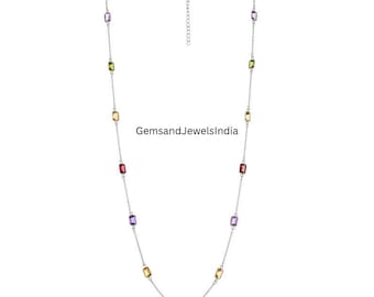 8.50 Gm Natural Multi Cut Octagon Bezel Necklace, 925 Sterling Silver Wedding Necklace, Faceted Multi Stone Handmade Jewelry Necklace M-2209