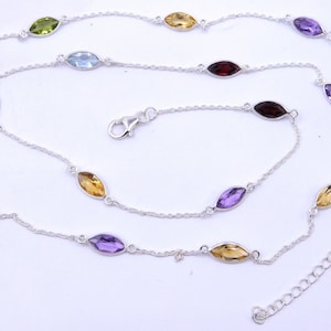 925 Sterling Silver Wedding Necklace, Natural Multi Stone Bezel Necklace, 9 Gm Faceted Handmade Multi Stone Silver Necklace Jewelry M-2205