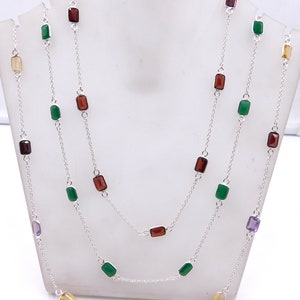 925 Sterling Silver Wedding Bezel Necklace,Natural Multi Octagon Cut Loose Gemstone Necklace,Faceted Handmade Multi Necklace Size 27&quot; M-1301