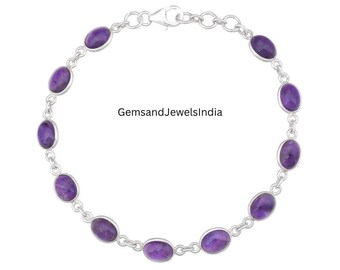 Pulsera de boda de plata de ley 925, pulsera con engaste de amatista natural de 9,30 g, joyería de plata con cabujón de amatista, piedra de amatista j663