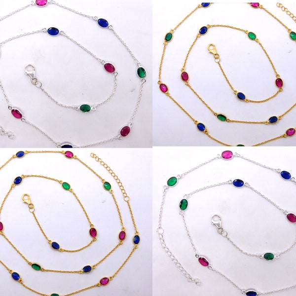 925 Sterling Silver Nano Multi Cut Stone Necklace,Gold Plated Nano Blue Sapphire,Emerald,Imitation Ruby Wedding Jewelry Bezel Necklace M3789