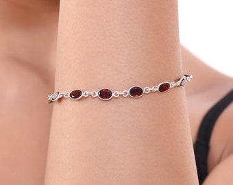 5.5 Gm Natural Garnet Cut Bracelet,925 Sterling Silver Wedding Bracelet,Handmade Faceted Garnet Oval Bracelet Size 7.5" To 8.5" inch M-2201