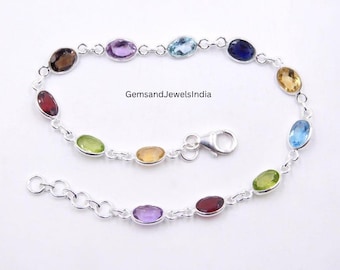 Natural Multi Cut Bezel Bracelet,925 Sterling Silver Wedding Bracelet,5.80 Gm Faceted Multi Gemstone Bracelet Size 7.5" To 8.25" inch J-55