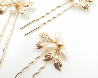 Handmade Gold Leaf & Ivory Pearl Hair Pins, Vintage Special Occasion Hair accessories