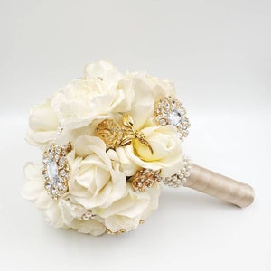 Custom Vintage Gold & Ivory Brooch Bouquet, Crystal and Pearl Brooch Bouquet, Bridal Bouquet