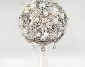 Custom Vintage Classic Crystal Brooch Bouquet. Glam Bling Ivory Pearl and Silver Brooches.