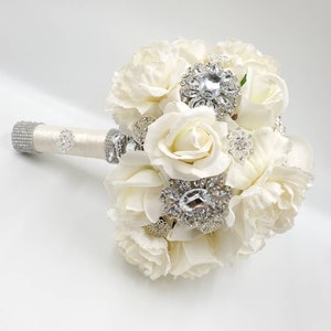 Klassische Ivory Rose & Nelke Brosche Strauß, Echter Touch Bouquet, Brautstrauß