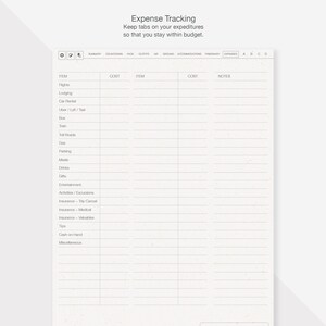 May include: A printable expense tracking sheet with columns for item, cost, and notes. The sheet is designed to help people keep track of their spending while traveling.