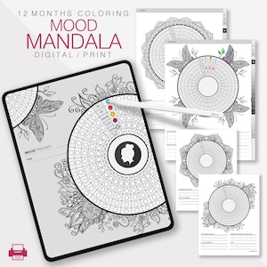 May include: A printable 12-month mood tracker mandala coloring page. The mandala features a circular design with a butterfly and floral accents. The page includes a mood tracker with a color key for tracking moods.