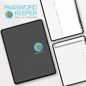 May include: A grey digital planner with the text "PASSWORD KEEPER" and a lock icon. The planner has 23 categories to track passwords.