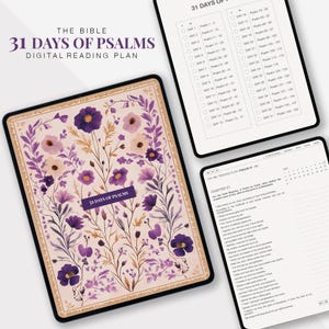 May include: Digital reading plan for the Bible's Psalms, featuring a floral design with purple and pink flowers. The plan is displayed on a tablet, with additional tablets showing daily reading schedules and text from Psalm 51.