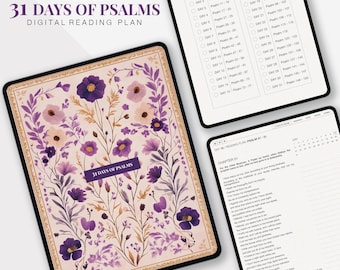 May include: Digital reading plan for the Bible's Psalms, featuring a floral design with purple and pink flowers. The plan is displayed on a tablet, with additional tablets showing daily reading schedules and text from Psalm 51.