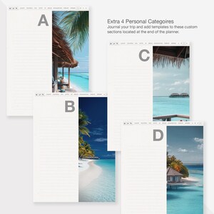 May include: Four pages of a planner with lined paper and a tropical beach scene on each page. The pages are labeled A, B, C, and D. The text "Extra 4 Personal Categories" is at the top of the page.