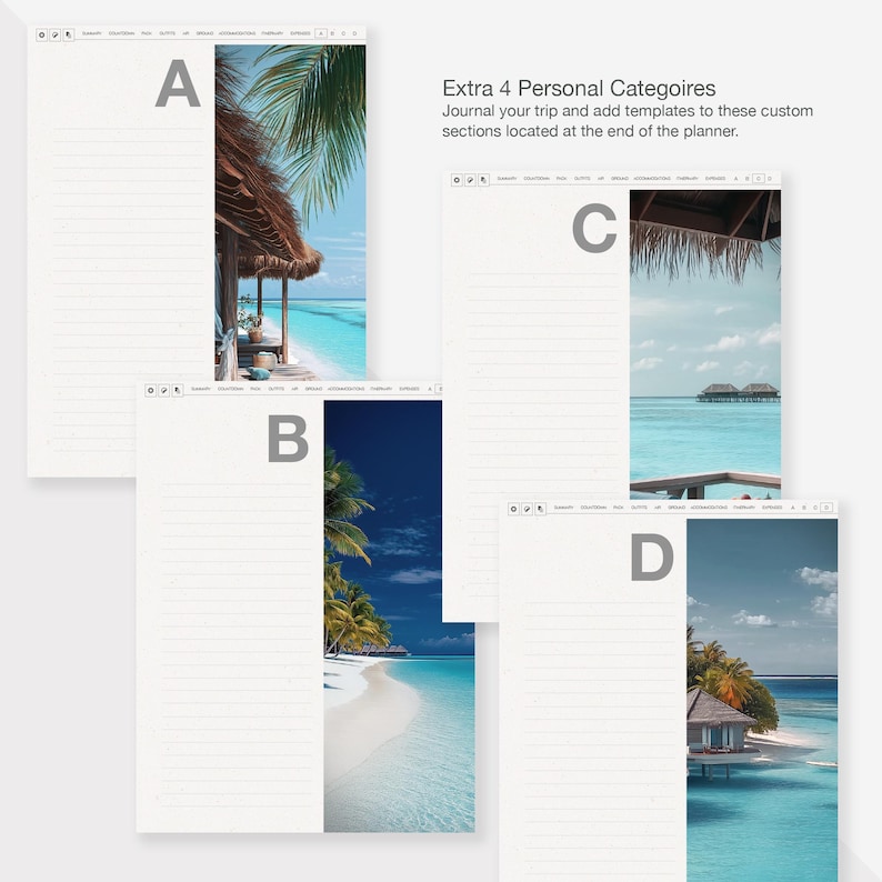 May include: Four pages of a planner with lined paper and a tropical beach scene on each page. The pages are labeled A, B, C, and D. The text "Extra 4 Personal Categories" is at the top of the page.