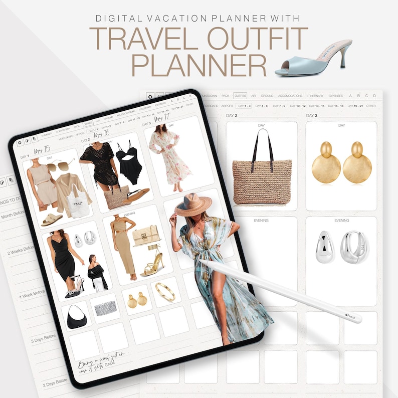May include: A digital vacation planner with a travel outfit planner. The planner includes a calendar, a list of things to do, and a section for outfits. The planner is on a tablet with a stylus.
