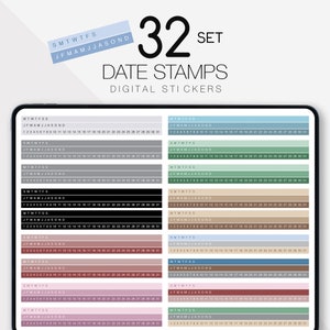 May include: A set of 32 digital date stamp stickers in various colours and designs. The stickers feature the days of the week and numbers 1 through 31. The text "SMTWTFS JFMAMJJASOND 32 SET DATE STAMPS DIGITAL STICKERS" is displayed at the top of the image.