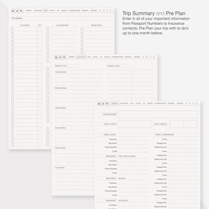 May include: A printable travel planner checklist with sections for clothing, accessories, medication, things to do, things to buy, destinations, travel dates, travel agent, travel companions, and insurance information. The checklist is designed to help travelers plan their trips in advance.