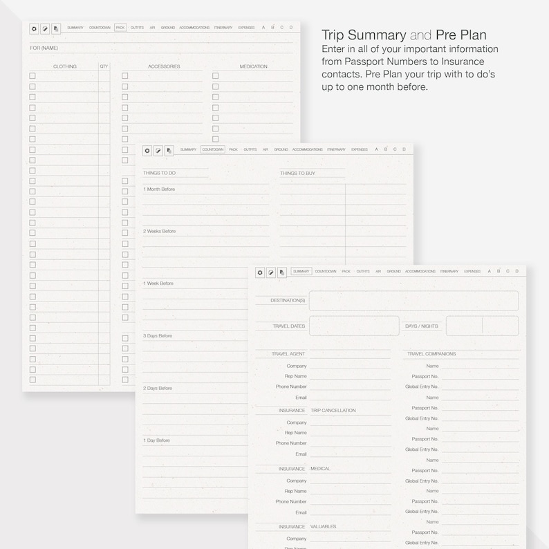 May include: A printable travel planner checklist with sections for clothing, accessories, medication, things to do, things to buy, destinations, travel dates, travel agent, travel companions, and insurance information. The checklist is designed to help travelers plan their trips in advance.