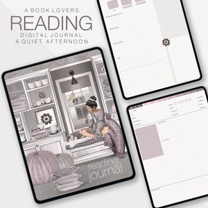 May include: A digital reading journal featuring a cosy illustration of a woman reading a book in a comfortable armchair. The journal has a grey and white colour scheme with a floral design. The text "reading journal" is displayed at the bottom of the page.