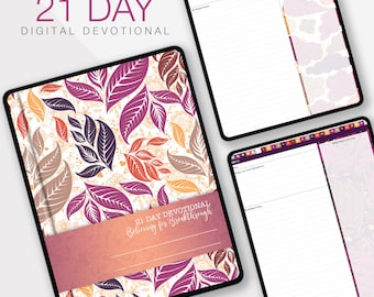 May include: A digital devotional planner with a 21-day program titled "21 Day Devotional Believing for Breakthrough". The cover features a colorful floral pattern with leaves in shades of purple, red, orange, and brown.