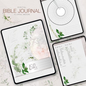 Puede incluir: Diario digital de la Biblia con un diseño de luna floral. El diario tiene un fondo blanco con ilustraciones florales de acuarela. El texto "My Bible Journal" está impreso en la portada. El diario incluye una página con un círculo dividido en secciones para hacer un seguimiento de la lectura de la Biblia.