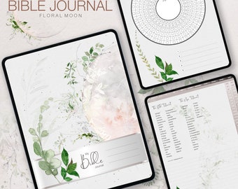 May include: Digital Bible journal with a floral moon design. The journal has a white background with watercolor floral illustrations. The text "My Bible Journal" is printed on the cover. The journal includes a page with a circle divided into sections for tracking Bible reading.