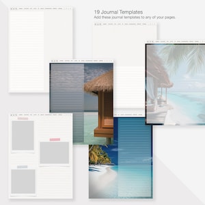 May include: Nineteen journal templates with different backgrounds and layouts. Some templates feature a beach scene with a hut, palm trees, and blue water. Others have a white background with lined paper and gray boxes. The text "19 Journal Templates" and "Add these journal templates to any of your pages." is at the top of the image.