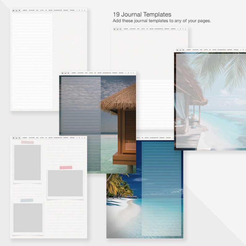 May include: Nineteen journal templates with different backgrounds and layouts. Some templates feature a beach scene with a hut, palm trees, and blue water. Others have a white background with lined paper and gray boxes. The text "19 Journal Templates" and "Add these journal templates to any of your pages." is at the top of the image.