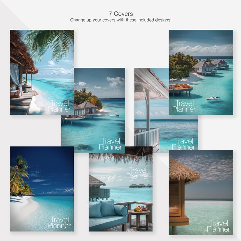 May include: Seven different cover designs for a travel planner. Each cover features a tropical beach scene with turquoise water, white sand, and palm trees. The text "Travel Planner" is displayed on each cover.
