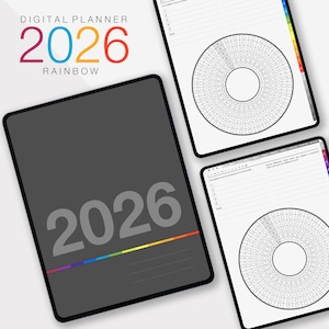 May include: A digital planner for 2026 with a rainbow theme. The cover is dark gray with the year 2026 in large, light gray text. The words "Digital Planner" and "Rainbow" are in colorful text. Two open pages show a circular calendar.