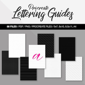 May include: A set of 88 digital lettering guides for Procreate. The guides are in PDF, PNG, and Procreate file formats. The guides include various grid patterns, including dotted, lined, and gridded. The guides are available in sizes 5x7, 8x10, 8.5x11, and A4.