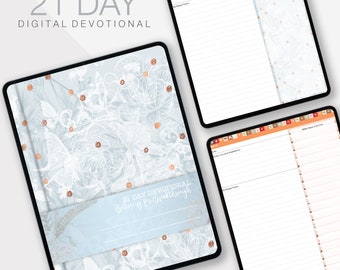 Puede incluir: Un diario devocional digital con un diseño floral azul y blanco. La portada dice "21 Day Devotional" y "Breaking Through".