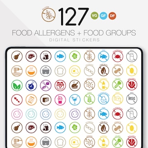 127 pegatinas para planificador digital Pegatinas para alérgenos alimentarios Pegatinas para alimentos Pegatinas para grupos de alimentos sin gluten Pegatinas para alergias a frutos secos, mariscos y soja transgénica