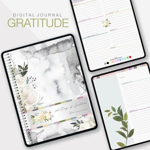May include: Digital journal with a watercolor background featuring white flowers and a gray and white marble pattern. The journal cover has the text "365 Days of Gratitude" and a space to write the year.