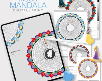 Digital Monthly Mood Tracker Princess Themed Mood Tracker Mood Mandala Tracker Digital Coloring Pages Meditative Coloring Book Adult