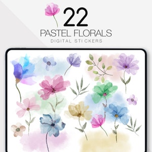 Op de afbeelding: Een set van 22 digitale stickers met pastelkleurige aquarel-bloemillustraties. De stickers bevatten verschillende bloemen, bladeren en stengels.