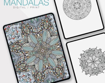 Digital Adult Coloring Book Meditative Coloring Floral Coloring Book Mandala Art for Coloring Doodling, Printable Coloring Pages