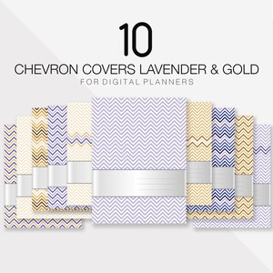 Puede incluir: Diez cubiertas de planificador digital con patrones de chevron en colores lavanda, dorado y crema. Las cubiertas tienen una cinta plateada con un espacio en blanco para escribir.