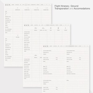 May include: A printable travel planner with sections for flight itinerary, ground transportation, and accommodations. The planner includes sections for departure, return, rental, Uber/Lyft, bus, train, and other transportation options. It also includes sections for accommodation details, including check-in and check-out dates, address, and notes.