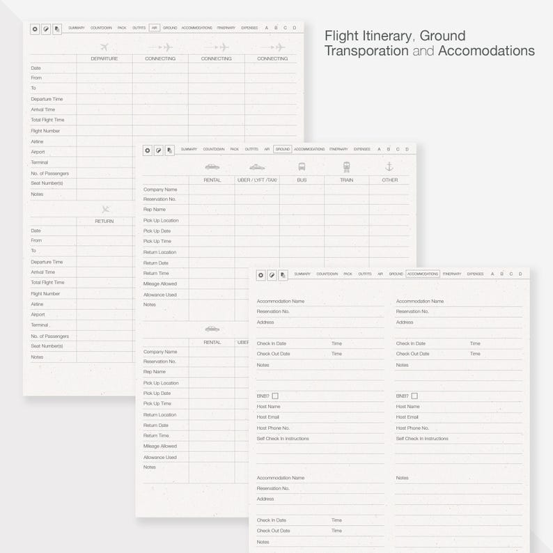 May include: A printable travel planner with sections for flight itinerary, ground transportation, and accommodations. The planner includes sections for departure, return, rental, Uber/Lyft, bus, train, and other transportation options. It also includes sections for accommodation details, including check-in and check-out dates, address, and notes.