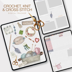 May include: Digital planner with a watercolor design featuring various crochet, knit, and cross stitch supplies. The planner includes sections for project planning, materials, and notes. The text "CROCHET, KNIT & CROSS STITCH DIGITAL TRACKER" is at the top of the planner.