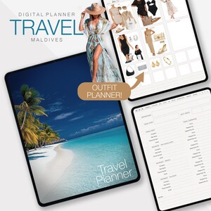 May include: A digital travel planner for the Maldives with a tropical beach scene and an outfit planner with various clothing options. The planner includes sections for travel details, accommodation, and data & insights.