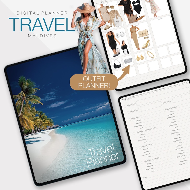 May include: A digital travel planner for the Maldives with a tropical beach scene and an outfit planner with various clothing options. The planner includes sections for travel details, accommodation, and data & insights.
