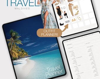 May include: A digital travel planner for the Maldives with a tropical beach scene and an outfit planner with various clothing options. The planner includes sections for travel details, accommodation, and data & insights.