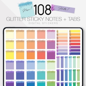 May include: A digital download of 108 glitter sticky notes and tabs in various colors. The notes and tabs have a gold glitter border. The text "Nope!" and "Hello!" are on two of the notes.
